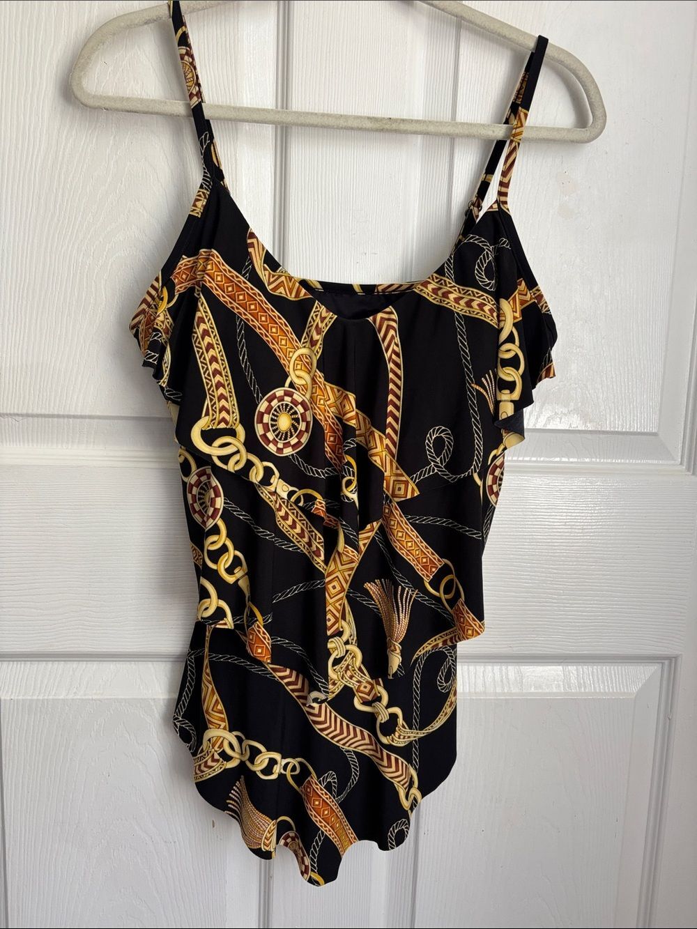 MAGICSUIT Black Gold Chain Print Cascade Draped Tankini Top Size 12 Flattering